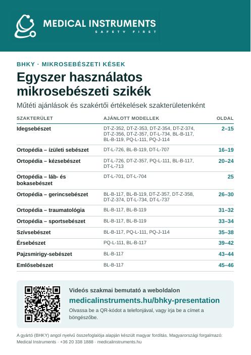 BHKY egyszer használatos mikrosebészeti szikék – műtéti ajánlások és szakértői értékelések szakterületenként (borító)